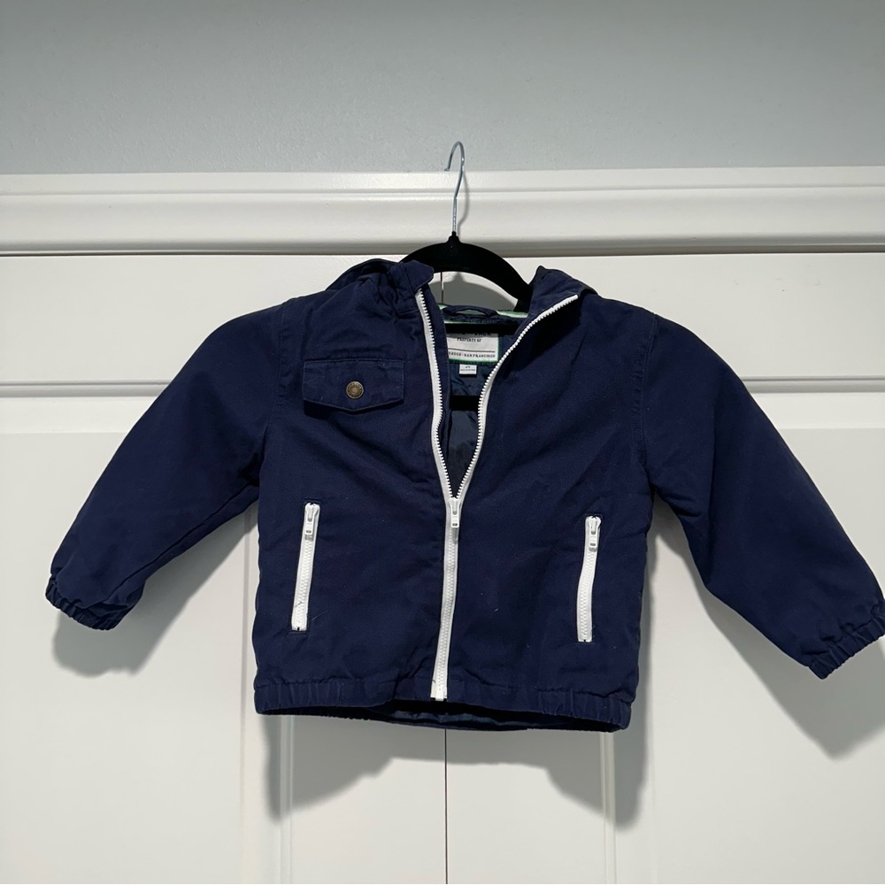 Janie and Jack Navy Hooded Zip Jacket with White Trim 2T